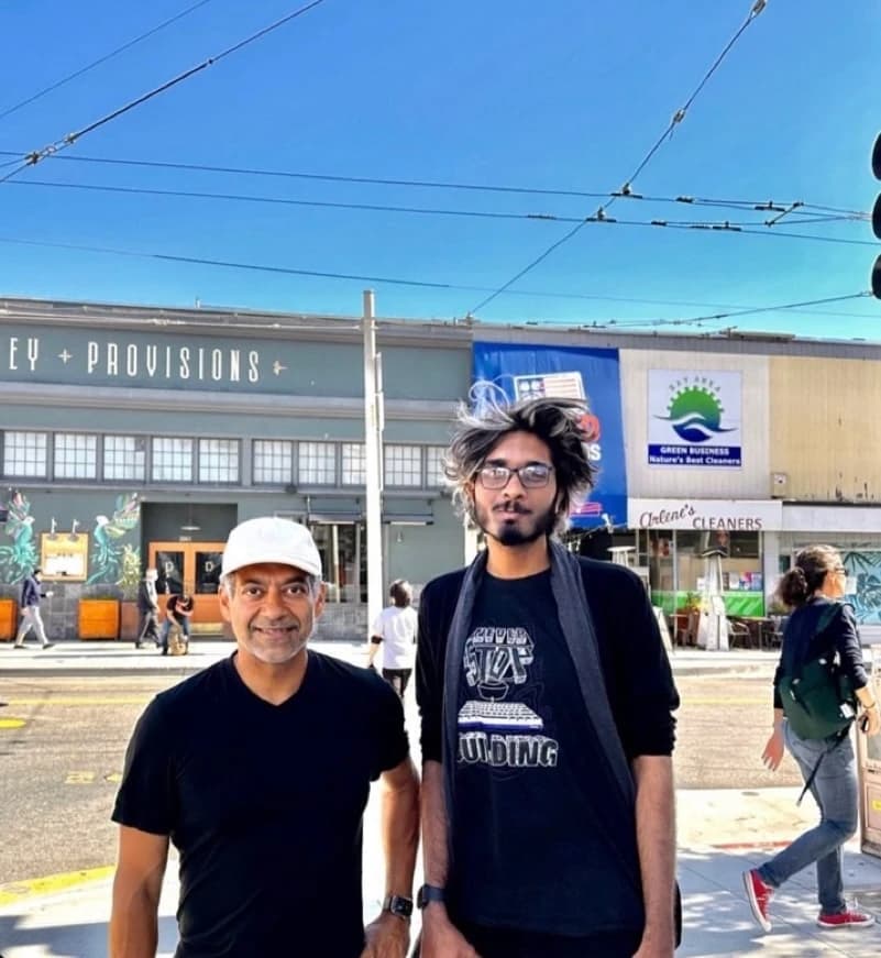 Naval and me standing on a sunny San Francisco street.